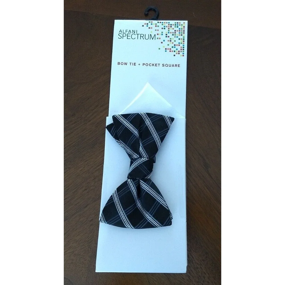 ALFANI SPECTRUM Men's‎ Bow Tie & Pocket Square Black w/ Gray White Stripes NEW - Picture 3 of 11